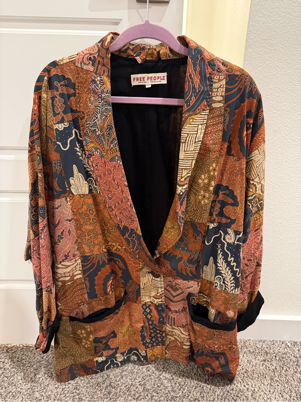 Free People Oversized Patchwork Boho Blazer in Rust, Navy & Cream